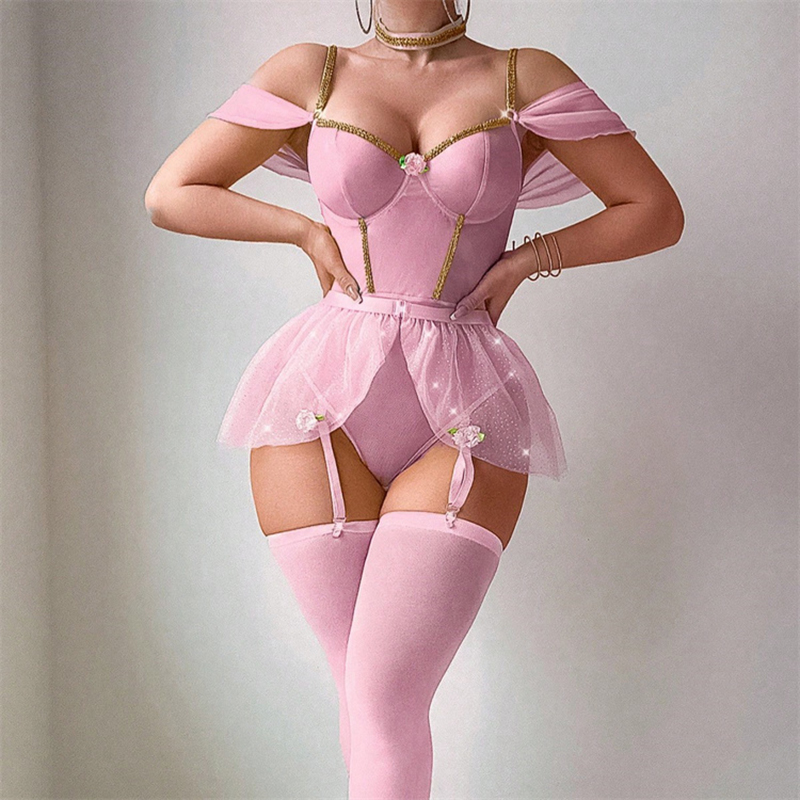 Fishnet Stocking Women - ชุดบอดี้สูทซีทรูแบบเปียกเงาสำหรับผู้หญิง พร้อมกระโปรงบัลเลต์ฟูฟ่อง ถุงน่องตาข่าย ชุดคอสเพลย์เจ้าหญิงสุดเซ็กซี่สำหรับงานปาร์ตี้