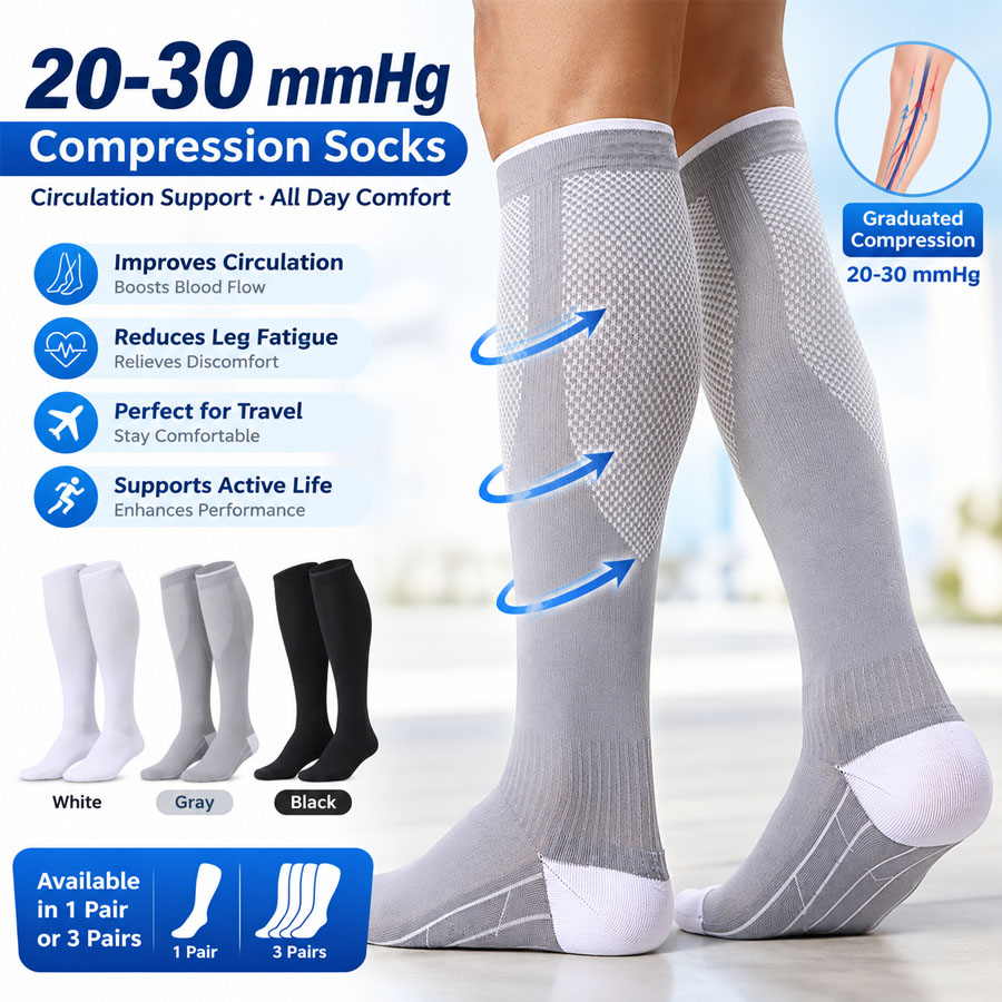 Compression Sleeve Calf - 3/1 คู่ ถุงเท้ารัดกล้ามเนื้อแรงกด 20-30mmHg, ถุงเท้ายาวระดับน่องช่วยส่งเสริมการไหลเวียน, ถุงเท้ากีฬาแบบยืดหยุ่นสำหรับวิ่งและโยคะ